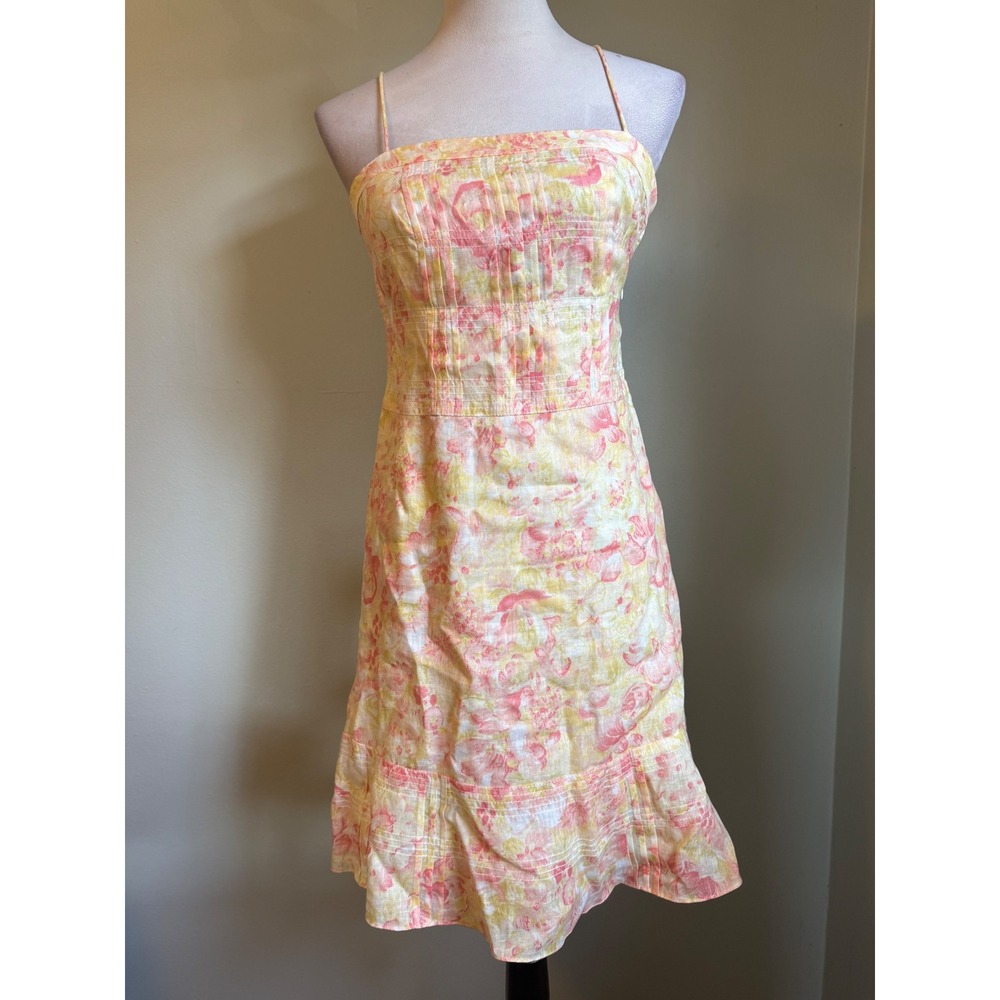 Ann Taylor Petite Floral Linen romantic Mini Dress Yellow Pink 2P fairy Y2K core